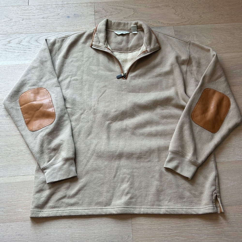 Orvis Mens XL Tan Sherpa Lined Quarter Zip Pullover Leather Elbow Patches 70HE